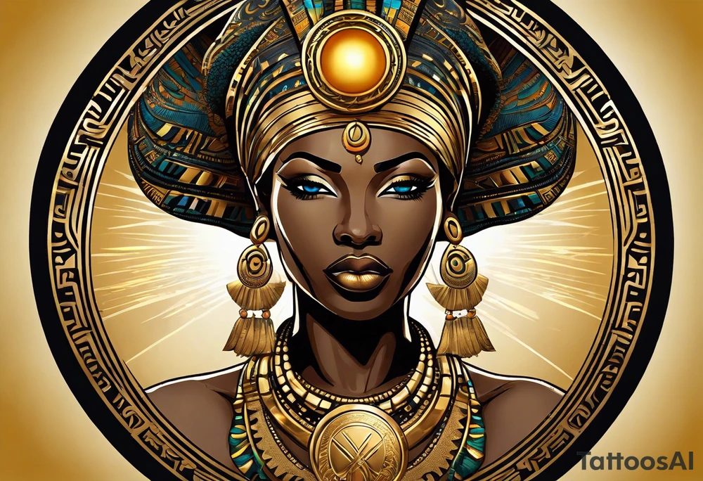 African Goddess wearing the eye of Horus in the center of her forehead and the ankh symbol necklace in gold with the sun on one side behind her and the moon on the opposite side behind her tattoo idea