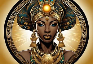 African Goddess wearing the eye of Horus in the center of her forehead and the ankh symbol necklace in gold with the sun on one side behind her and the moon on the opposite side behind her tattoo idea
