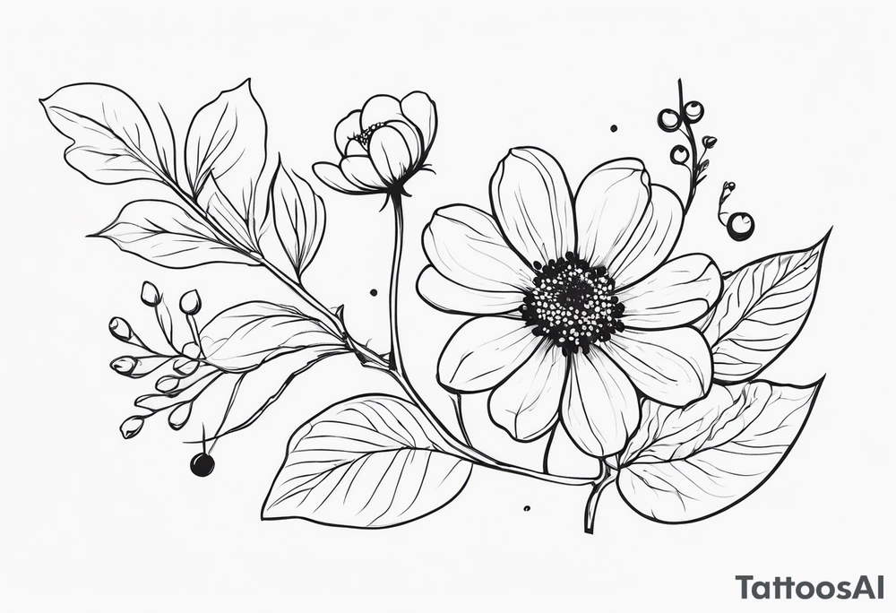 minimalist s-curve of cosmos flower, and rowan tree berries tattoo idea