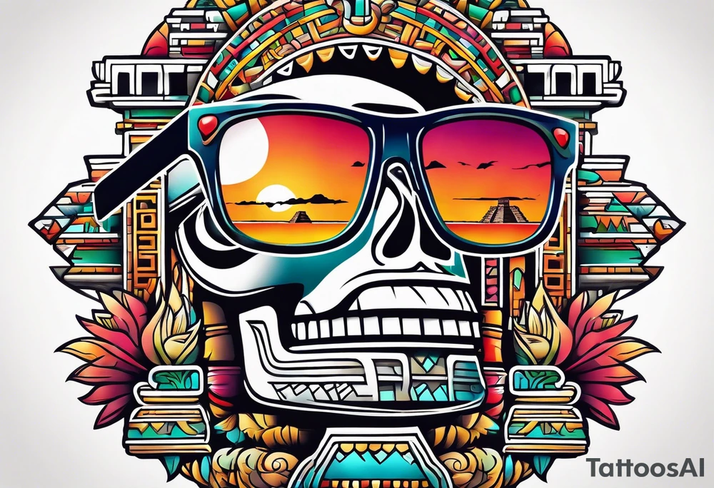 Colorful Mayan hieroglyph with sunglasses reflecting Chichen itza tattoo idea