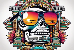Colorful Mayan hieroglyph with sunglasses reflecting Chichen itza tattoo idea