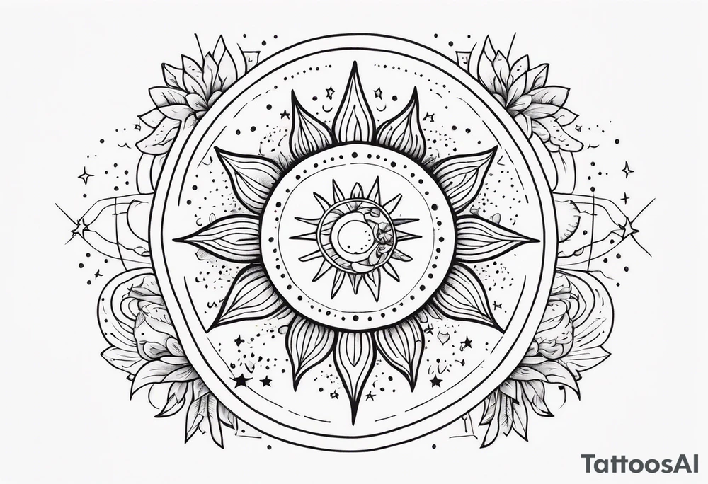 fine line with sun, stars, floral, dots. Sternum tattoo tattoo idea