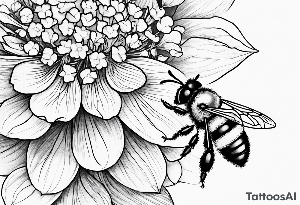 Small tattoo. There’s a hydrangea and a bee but they are not touching. Make the bee smaller than the hydrangea and have the bee off to the side. tattoo idea