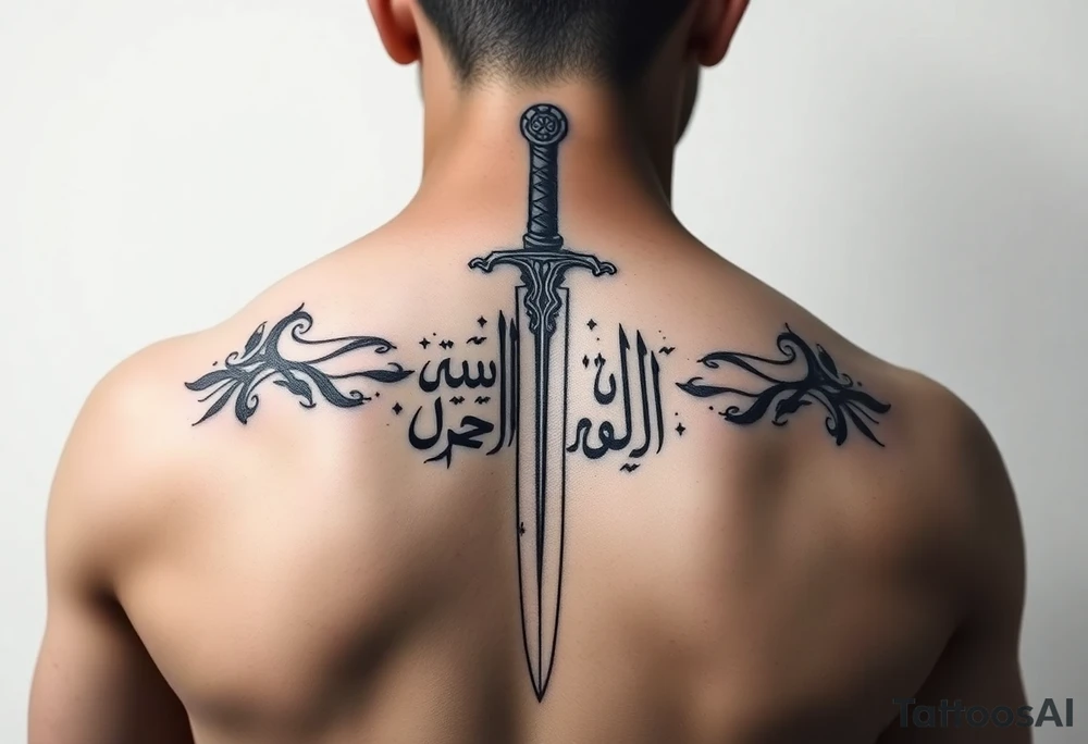 Arabian gothic style tattoo with a sword and looks middle eastern with Arabic writing tattoo idea