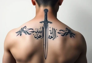 Arabian gothic style tattoo with a sword and looks middle eastern with Arabic writing tattoo idea