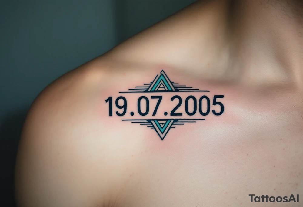 Geometric date 19.07.2005 in dark teal ink, with triangles and lines subtly framing the digits. tattoo idea