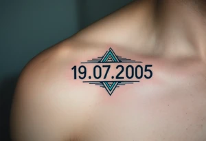 Geometric date 19.07.2005 in dark teal ink, with triangles and lines subtly framing the digits. tattoo idea