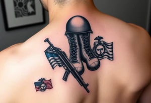 military boots, rifle, helmet memorial tattoo, with Navy and Marine corp flags in color on lower left back tattoo idea