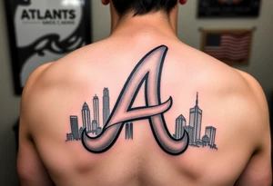 Atlanta Braves letter logo “A” overlapping the Atlanta skyline in the back. Small and jam packed tattoo idea