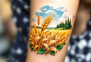 A golden wheat field, beer hop cone and coniferous forest under a blue sky, capturing the beauty of the Czech countryside and prosperity. tattoo idea