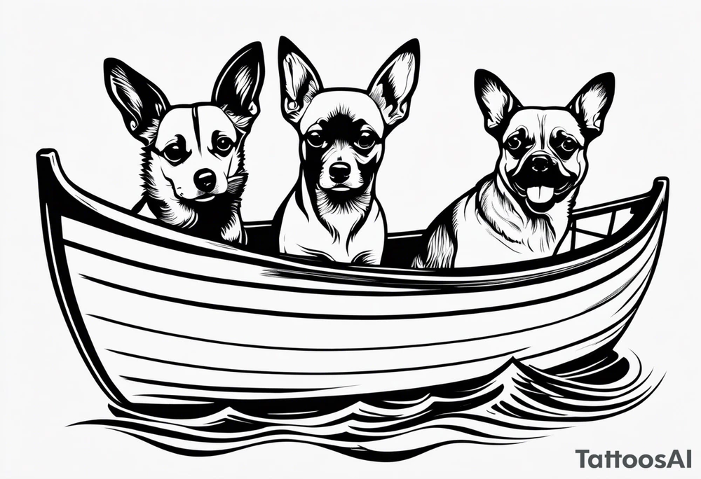 two dogs in a boat. One dog is tan with big ears like a chihuahua. The other dog looks like a corgi with floppy ears. The boat's name is McNamara tattoo idea