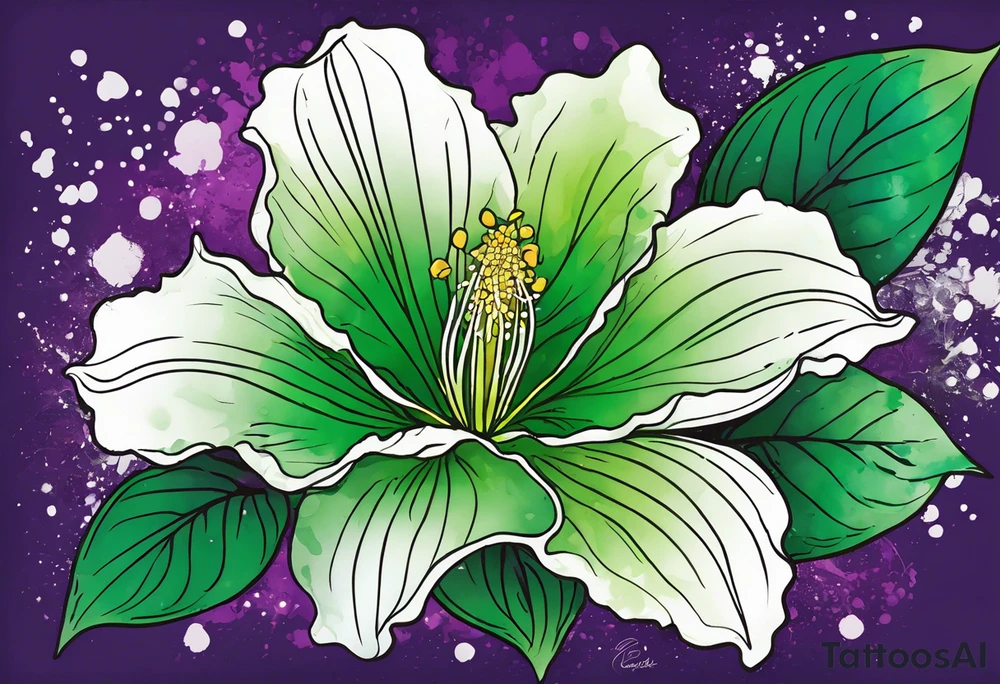 An outline of an only green rio dipladenia flower and a green and purple watercolor splash in the background tattoo idea