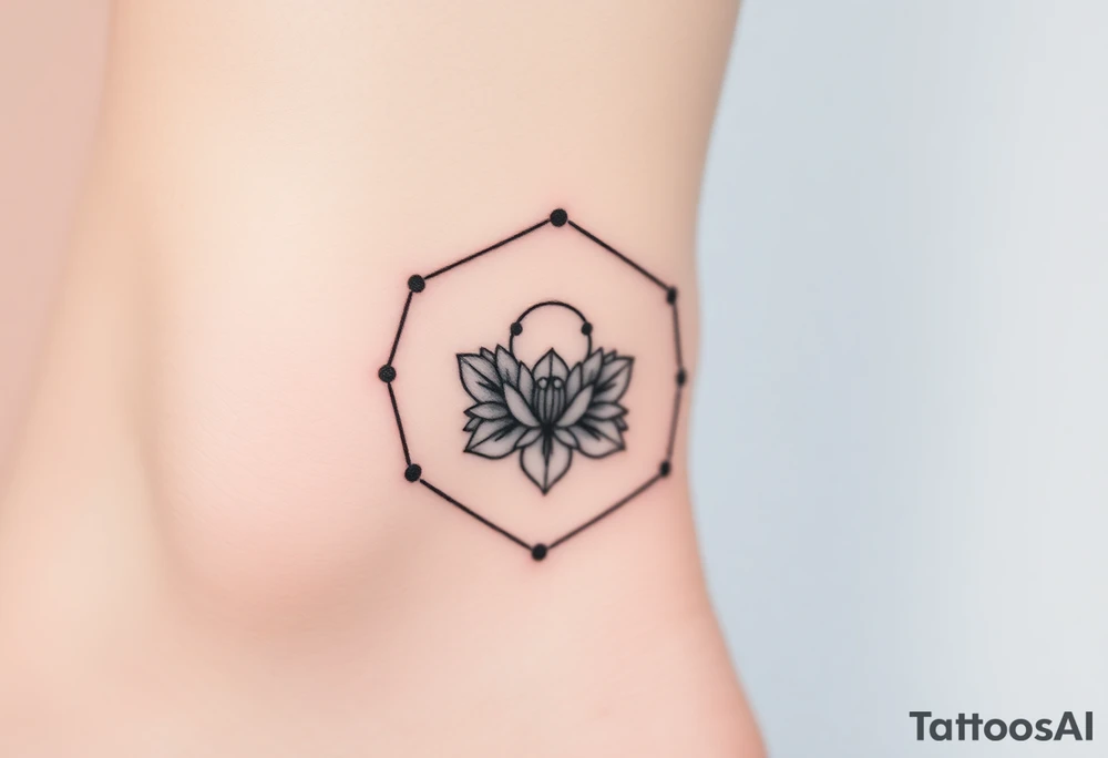Hexagon with a Leo constellation, larkspur and water lilies in the center tattoo idea