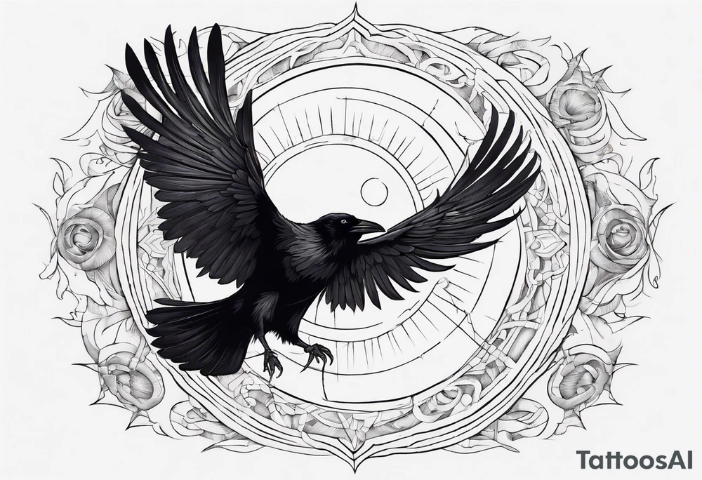 Cunning and Regal Raven flying towards the Sun. Mystic. tattoo idea