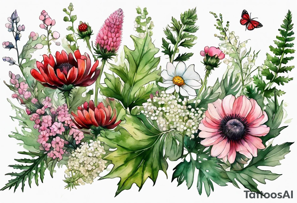 wildflowers with thistles, ferns, white flowers, cream flowers, green flowers, pink flowers, red flowers, berries and all in watercolor tattoo idea