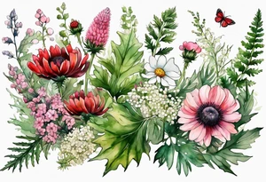 wildflowers with thistles, ferns, white flowers, cream flowers, green flowers, pink flowers, red flowers, berries and all in watercolor tattoo idea