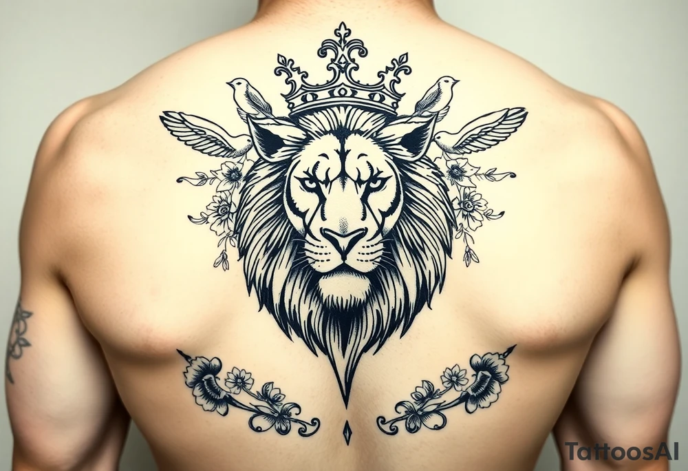 powerful majestic lion with a crown, surrounded by floral ornaments and birds tattoo idea