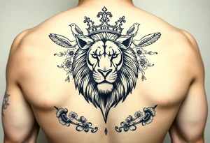 powerful majestic lion with a crown, surrounded by floral ornaments and birds tattoo idea