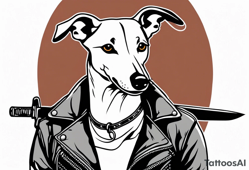 Punk greyhound with leather jacket and holding a switchblade knife tattoo idea