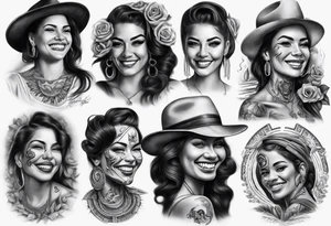 Chicano style woman smiling street photorealism tattoo idea