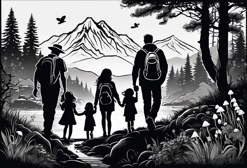 Family silhouette of a father, a mother, oldest son, middle daughter, and small daughter foraging mushrooms with mountains and creek in background tattoo idea