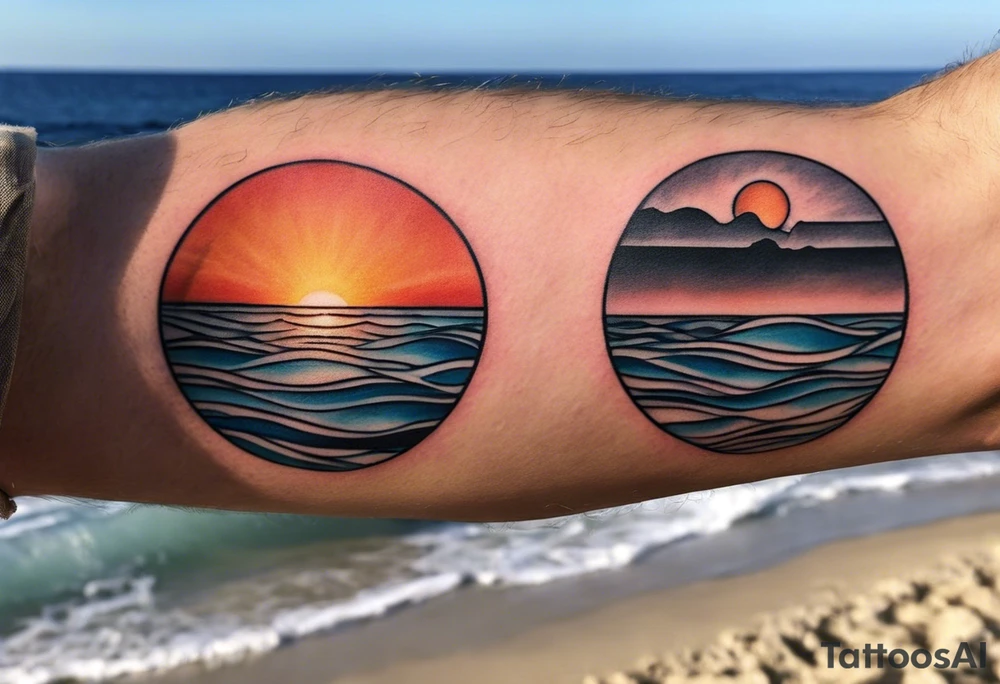 This is an extremely simple and minimalistic tattoo on male forearm. The tattoo is very wide on the forearm and not tall or round. From the perspective of being on the ocean, Water is calm, with no waves in sight, the sun is setting behind the ocean, reflecting light onto the ocean. tattoo idea
