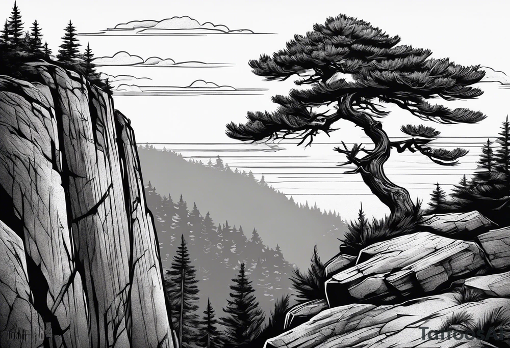red pine tree on the edge of a cliff tattoo idea