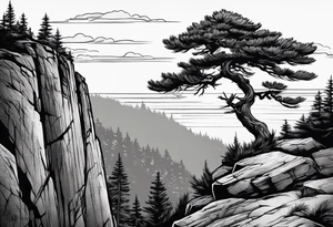 red pine tree on the edge of a cliff tattoo idea