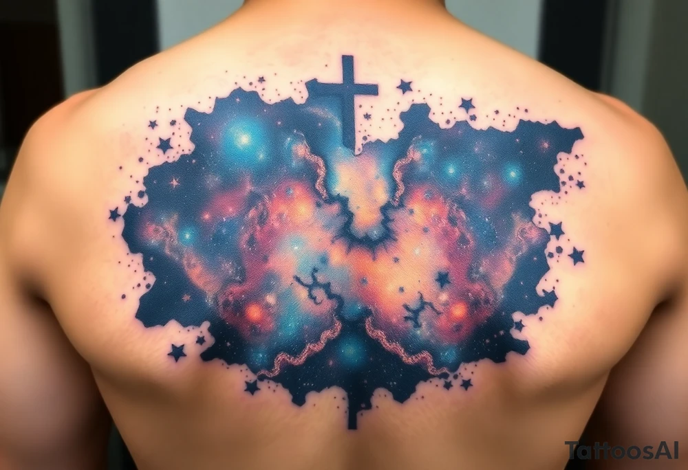 Beautiful and epic 3d milky way that appears to be what is beneath the skin. Make it drape over the shoulder and move to the middle back. use negative spaces to create stars and dust. Incorporate God breathing life into the universe. IKeep it symmetrical tattoo idea
