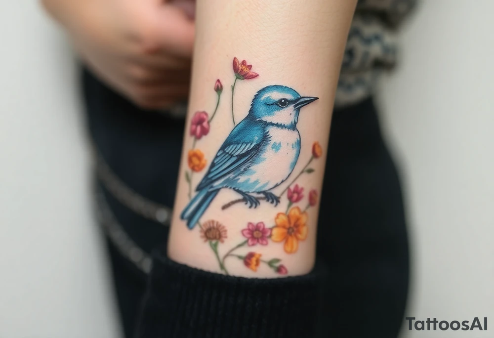 Puffy bluebird surrounded by wild flowers tattoo idea