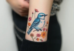 Puffy bluebird surrounded by wild flowers tattoo idea