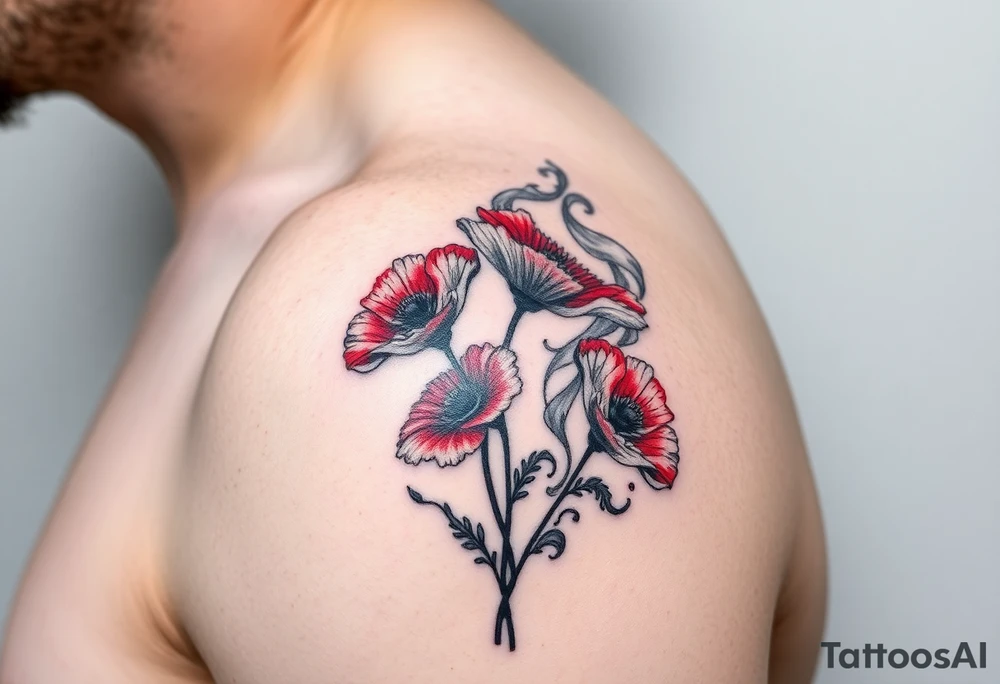 Big army inspired ,Aries, 2 red poppy’s, and smoke tattoo idea