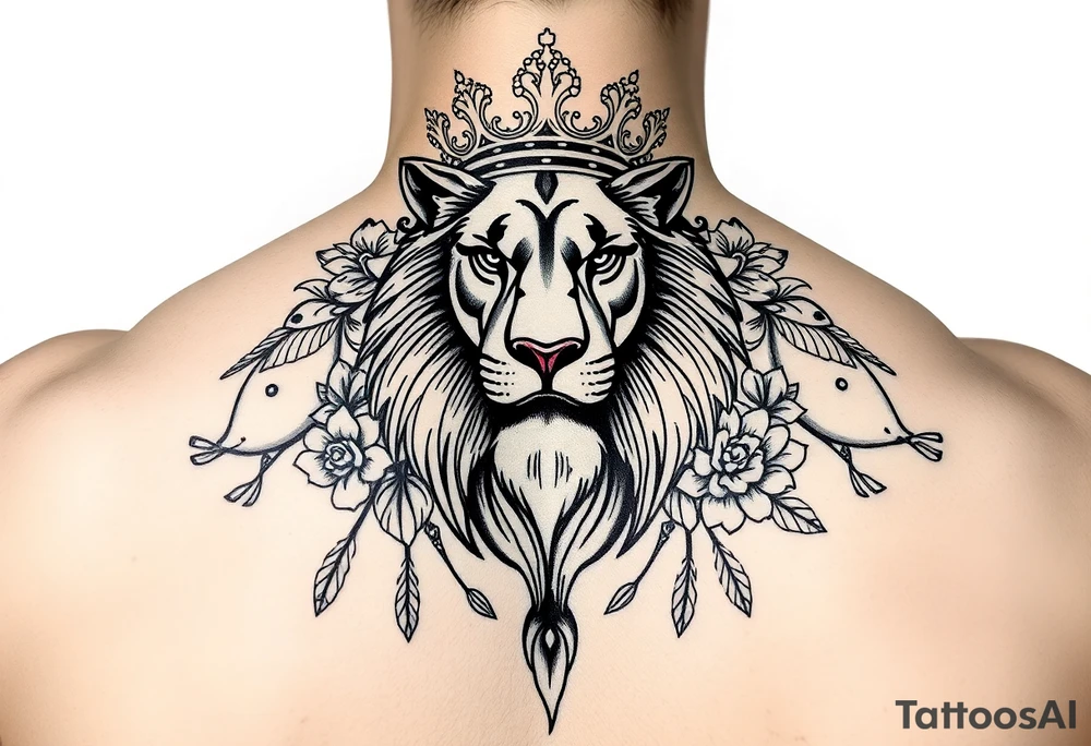 powerful majestic lion with a crown, surrounded by floral ornaments and birds tattoo idea