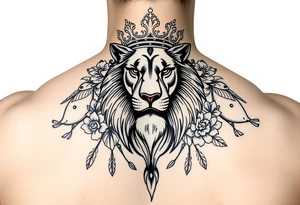 powerful majestic lion with a crown, surrounded by floral ornaments and birds tattoo idea
