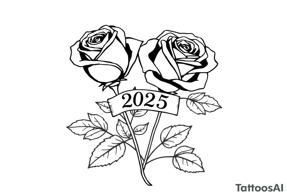 two beautiful large rose buds, one larger than the other, with many leaves next to the rose buds, with one sitting higher than the other. Include a banner connecting the two roses with the year "2025" on it.   Use dark outlines with little shading. The two stems should be short, not long, and connect and join into one stem, whimsically curved or twisted - not straight down. tattoo idea
