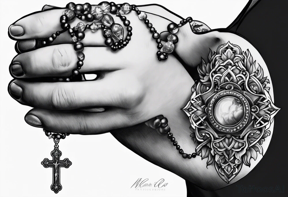 A woman’s praying hands holding a rosary catholic style tattoo idea A woman’s praying hands holding a rosary catholic style tattoo idea