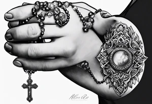 A woman’s praying hands holding a rosary catholic style tattoo idea