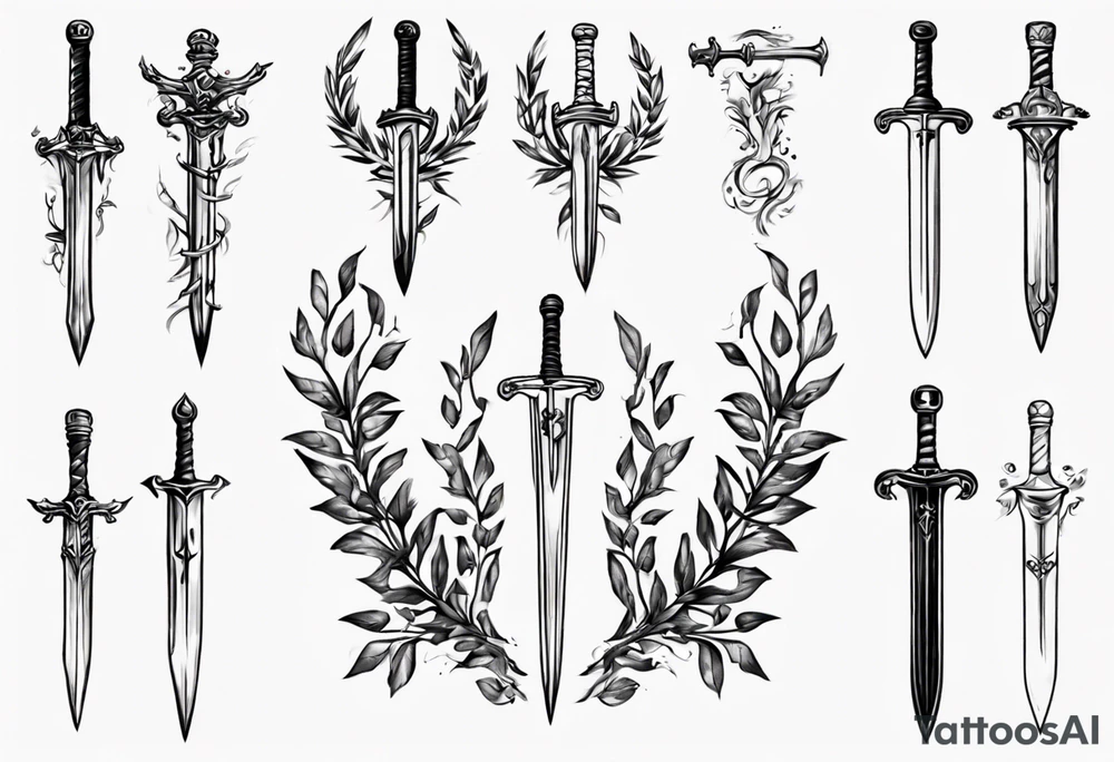 A sword through the number 13 centered in a laurel leaf wreath tattoo idea