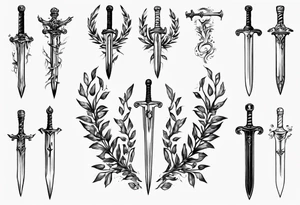 A sword through the number 13 centered in a laurel leaf wreath tattoo idea