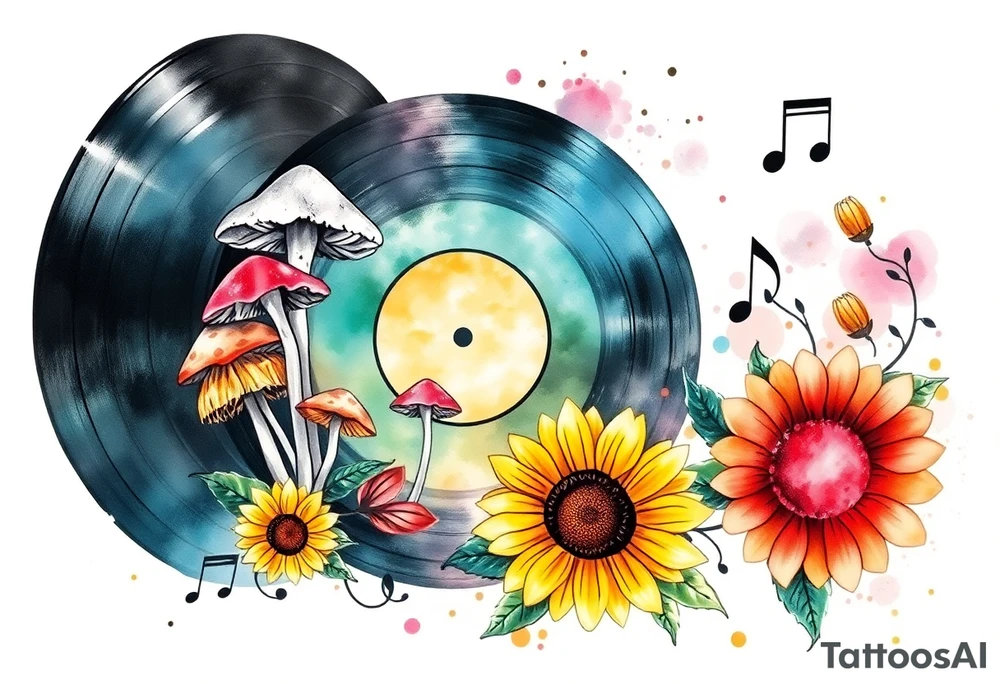 one vinyl record with mushrooms, sunflowers, and music notes tattoo idea