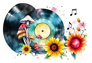 one vinyl record with mushrooms, sunflowers, and music notes tattoo idea