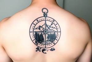 Open compass, bottom half with mountains, trees, stream, and tent. The S of the compass should be a fishing lure tattoo idea
