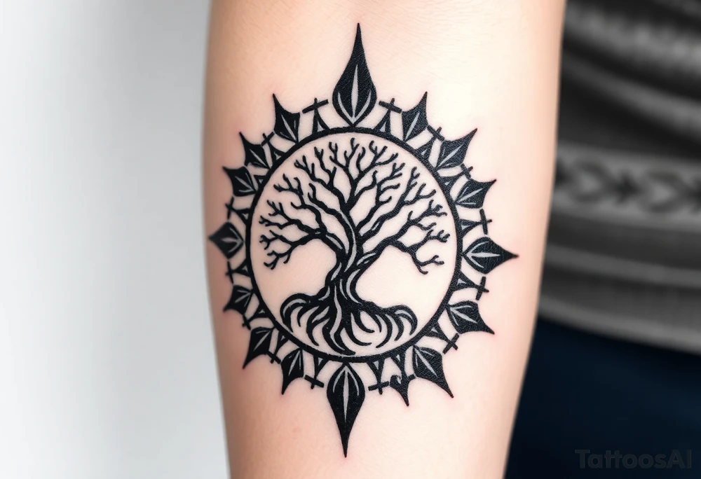 Tree encircled in a spiral sun or circle tattoo idea
