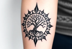 Tree encircled in a spiral sun or circle tattoo idea