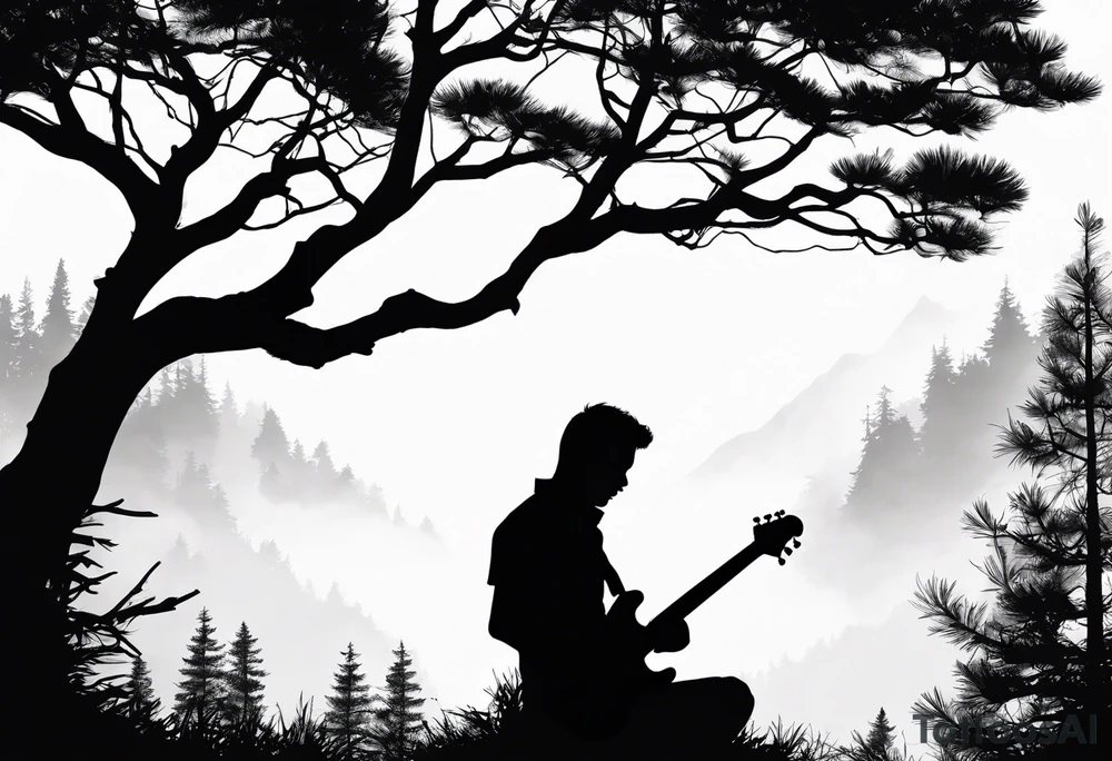 silhouette of a man playing electric guitar while sitting in a pine tree. tattoo idea