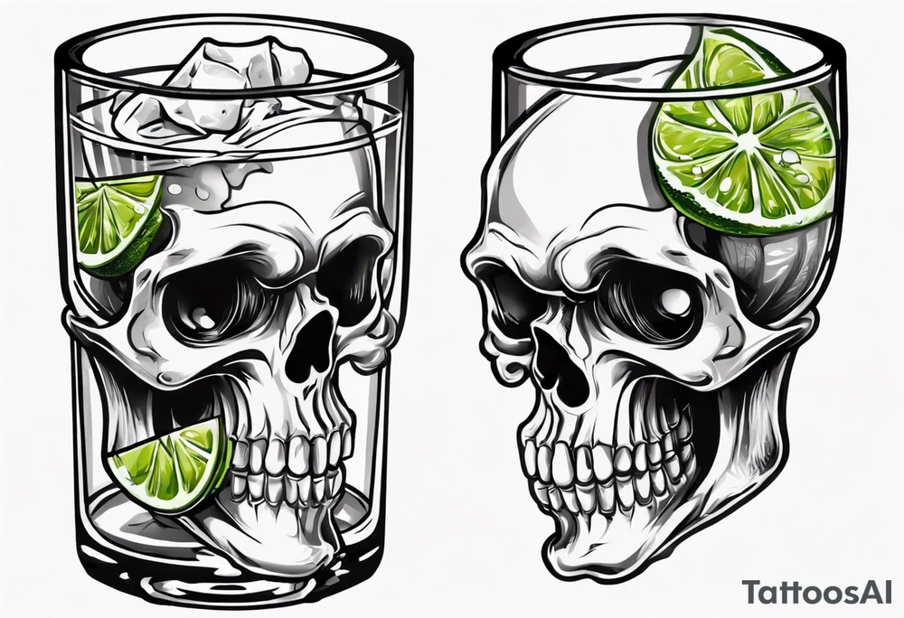 A smiling looking to the left scull inside the glass with alcohol and piece of lime tattoo idea
