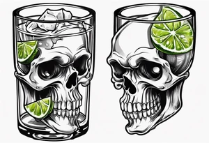 A smiling looking to the left scull inside the glass with alcohol and piece of lime tattoo idea
