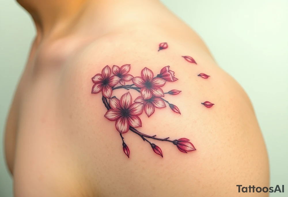 delicate cherry blossoms swirling in spring breeze with petals tattoo idea
