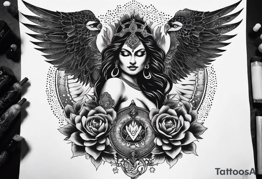 black kali, goddess pirate, alien, angel, pachamama, valkrye, warrior, flying, skull, lotus azul, wing, eagle, zenza resonance, stars, 5D, anahata chakra, death, durga, riding on a tiger, flying lady, kundalini, chest tatoo, samuri, rebel, serpent tattoo idea