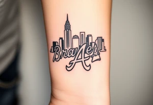 3D layered Atlanta skyline with Atlanta Braves letter logo tattoo idea